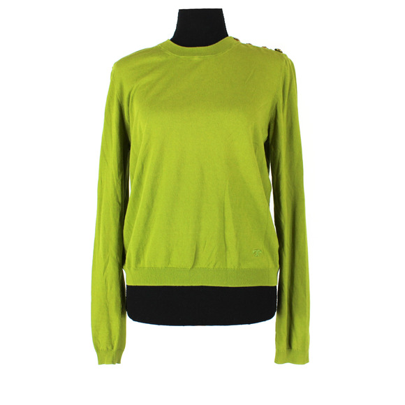 Tory Burch Knit Sweater Green Gold Logo Button Shoulder Long Sleeves Crewneck S - Picture 1 of 6